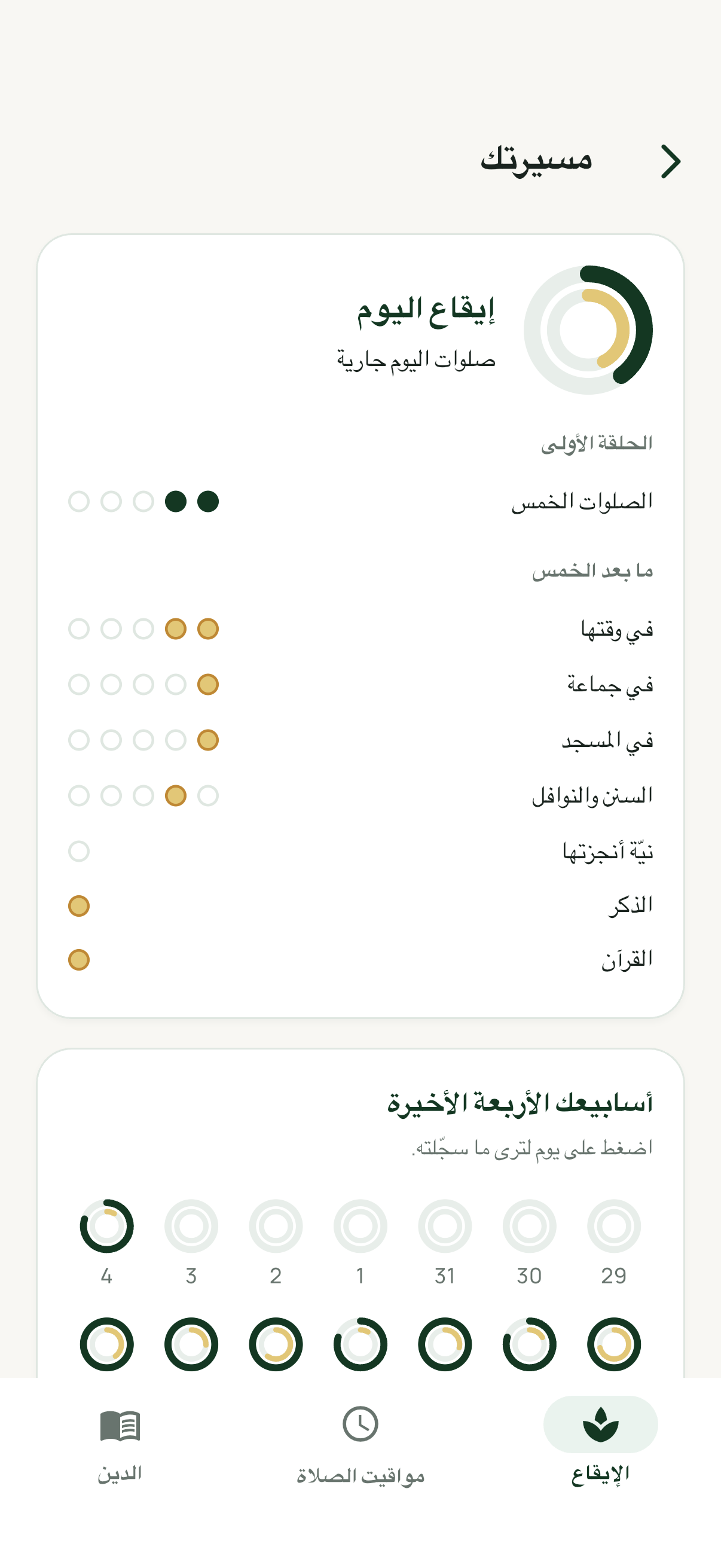 مسيرتك: إيقاع اليوم في حلقتين، وما سجّلته، وأسابيعك الأربعة الأخيرة.