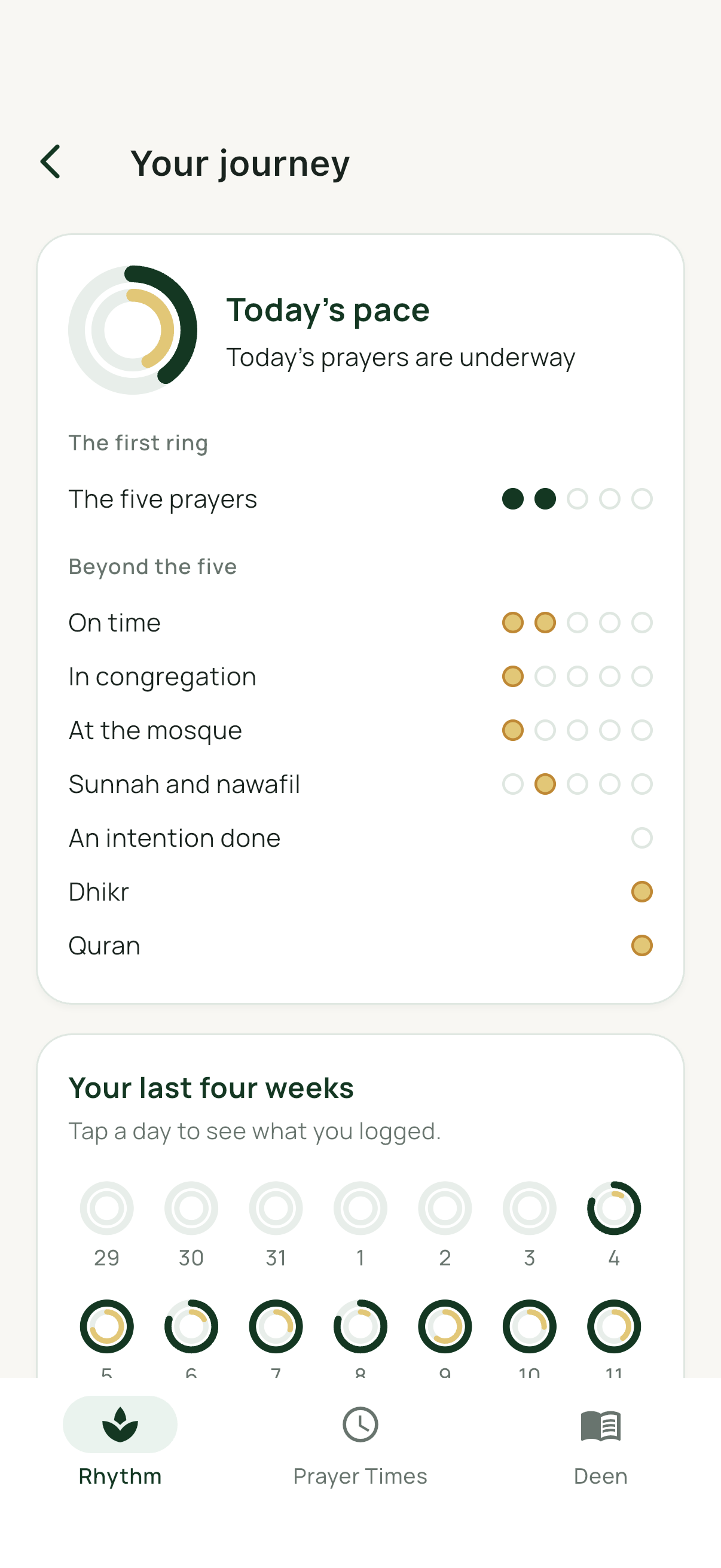 Your journey: today's pace in two rings, what you logged, and your last four weeks.