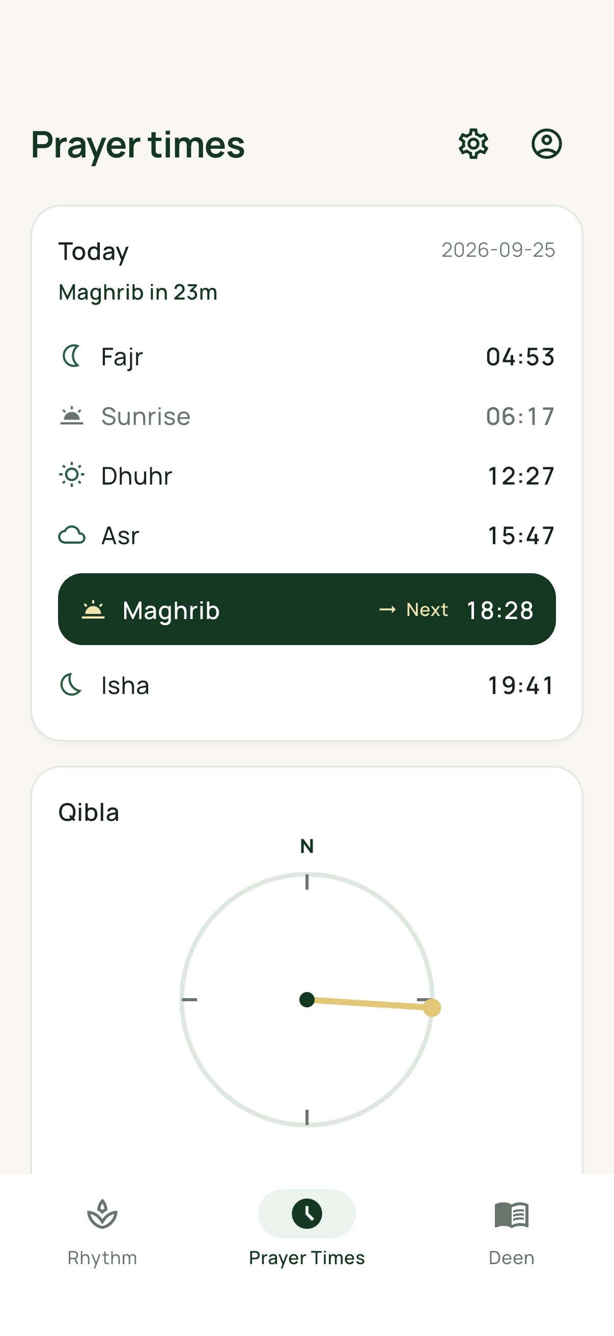 Today's prayer times and the Qibla direction.
